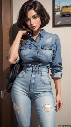 arafed woman in a denim shirt and jeans leaning against a wall