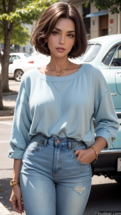 araffe woman in blue shirt and jeans standing in front of a car