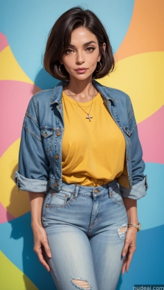 arafed woman in a yellow shirt and blue jeans posing for a picture