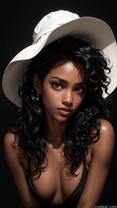 arafed woman with a white hat and black dress posing for a picture