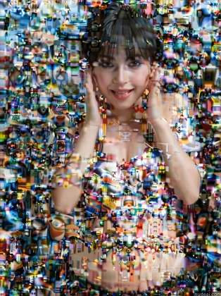 arafed image of a woman in a colorful dress surrounded by many small objects