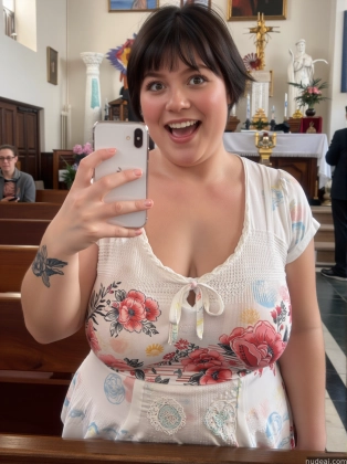 woman taking a selfie in a church with a cell phone