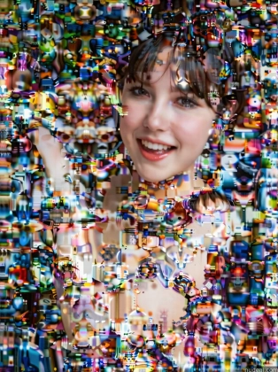 arafed image of a woman with a smile and a lot of small objects