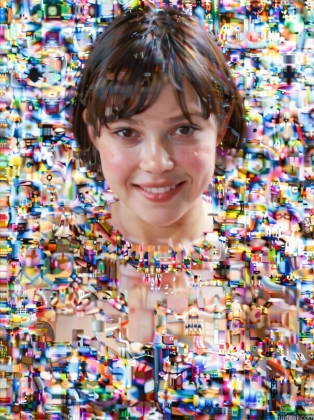 arafed image of a woman with a lot of small objects on her face