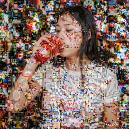 arafed image of a woman drinking a drink in front of a wall of confetti