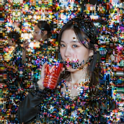 there is a woman that is eating a drink in front of a wall of confetti