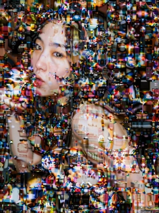 arafed image of a woman with a bunch of different objects in her hair