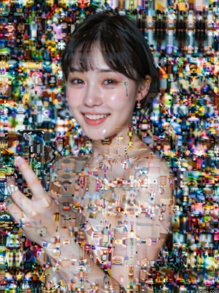 arafed image of a young girl in a glittered dress holding a cell phone