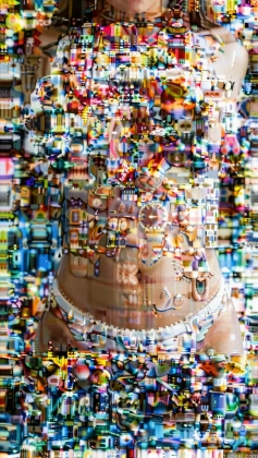 arafed image of a woman in a bikini with a lot of cell phones