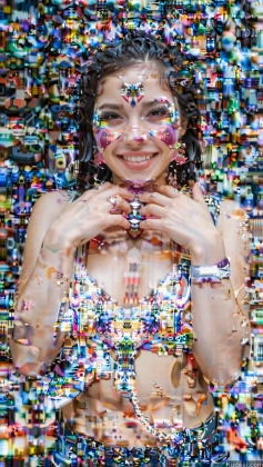 arafed image of a woman in a bikini with lots of confetti