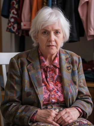 there is a woman sitting in a chair with a jacket on