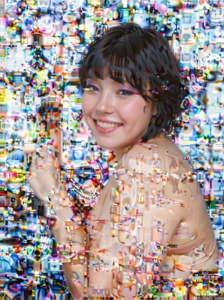 arafed image of a woman with a cell phone in front of a wall of cell phones