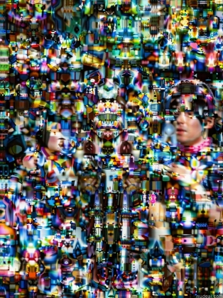 arafed image of a man standing in front of a wall of televisions