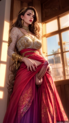 arafed woman in a red and gold dress standing in front of a window