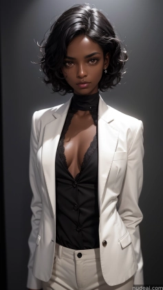 there is a woman in a white suit and black top