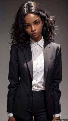 arafed woman in a black suit and white shirt posing for a picture