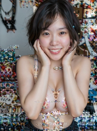 araffed asian woman with a very large breast posing for a picture