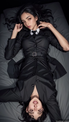 arafed woman in a black suit laying on a bed with a man in a suit