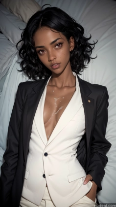 arafed woman in a white suit and black jacket posing on a bed