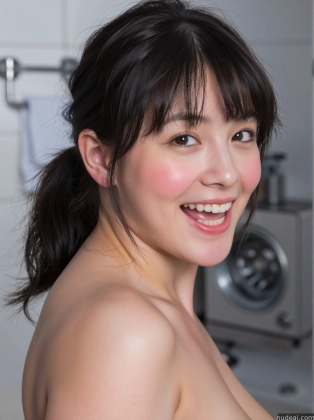 there is a woman that is smiling in the bathroom