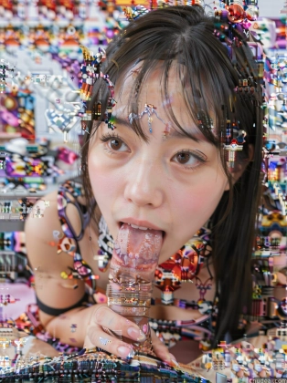 araffe girl with a large amount of beads on her head licking a chocolate cone