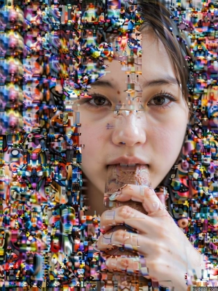 arafed image of a woman eating a donut with a lot of confetti