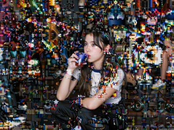 there is a woman sitting on a stool blowing bubbles