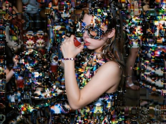 there is a woman that is standing in front of a wall of cell phones