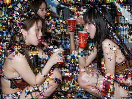 two women in bikinis are sitting in front of a wall of confetti