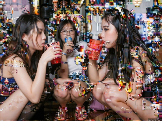 three women sitting on the floor drinking from cups in front of a mirror