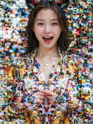 arafed image of a woman with a smile and a lot of different objects