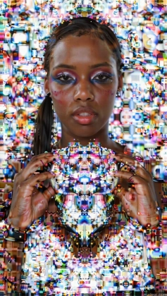 arafed image of a woman with a heart made of many small squares