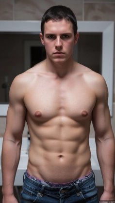 arafed man with no shirt standing in a bathroom with his hands in his pockets