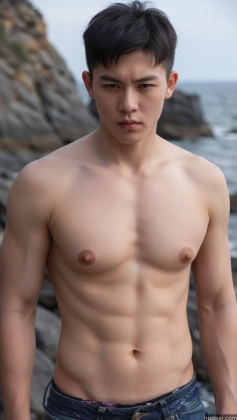 arafed man standing on a rocky beach with his shirt off