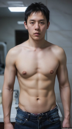arafed man with no shirt standing in a bathroom with a sink