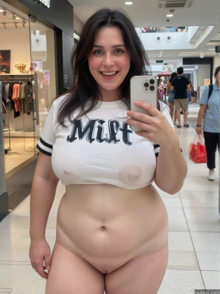 araffe woman in a white shirt taking a selfie in a mall