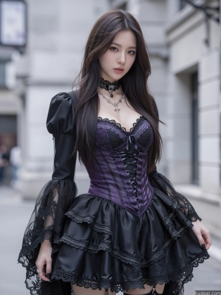 araffe woman in a corset and black dress on a city street