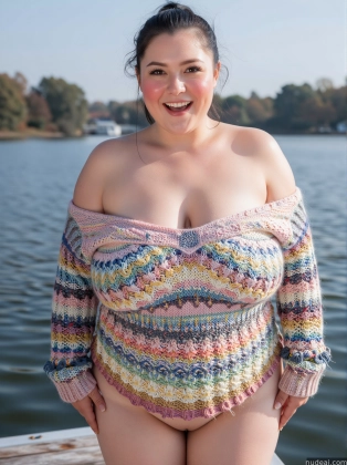 araffed woman in a colorful sweater posing on a dock