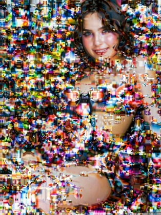 arafed image of a woman in a colorful dress surrounded by many different colored objects
