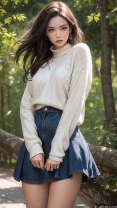 arafed woman in a skirt posing for a picture in a wooded area