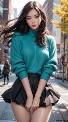 araffed asian woman in a green sweater and black skirt posing on a city street