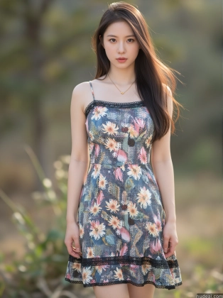arafed woman in a floral dress standing in a field