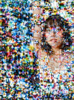 arafed image of a woman with a lot of small objects in her face