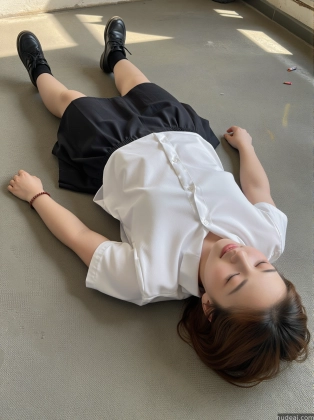 there is a woman laying on the floor with her head down