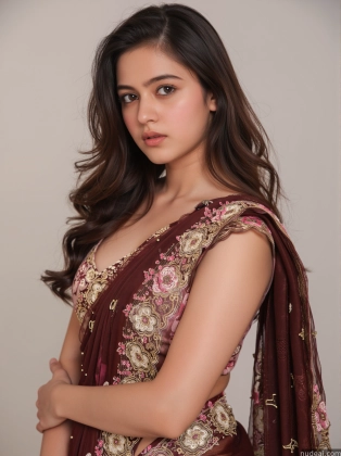 a close up of a woman in a brown dress with a shawl