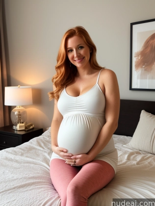 pregnant woman sitting on bed in white tank top and pink pants