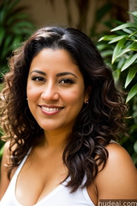 smiling woman with long dark hair and white tank top posing for a picture