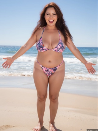 woman in a bikini standing on the beach with her arms outstretched