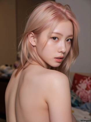 blond woman with pink hair posing naked on bed in bedroom