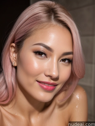 there is a woman with pink hair and a pink top posing for a picture